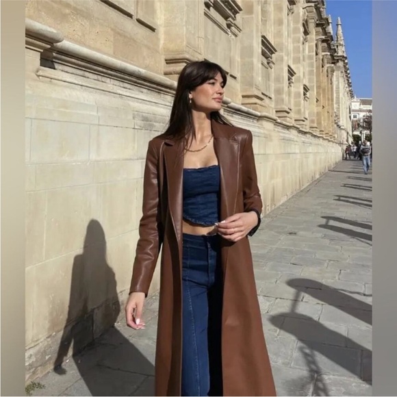 Zara Faux Leather Longline Duster Blazer Top Coat Jacket Cognac Brown Medium - Picture 4 of 11
